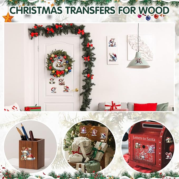 24 Sheets Vintage Christmas Rub On Transfers for Crafts, Rub On Transfers Christmas for Wood，Furniture Decals, Glass, Porcelain, Leather, Canvas, Fabric Projects,3 * 3inch(Gnome Reindeer)