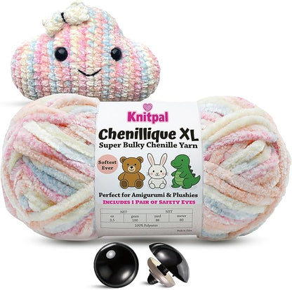 Chenillique XL Super Bulky Chenille Yarn – 100g Skein (88 Yards) + Safety Eyes + Free Plushie Pattern – Plush Polyester Yarn for Amigurumi, Crochet & Knitting - Pastel Dreams