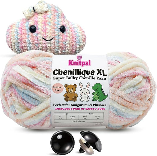 Chenillique XL Super Bulky Chenille Yarn – 100g Skein (88 Yards) + Safety Eyes + Free Plushie Pattern – Plush Polyester Yarn for Amigurumi, Crochet & Knitting - Pastel Dreams