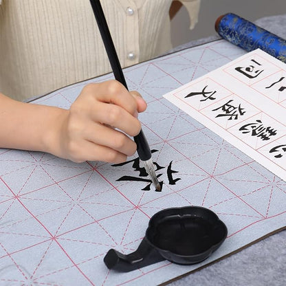 MEGREZ 4 Set No Ink Chinese Calligraphy Practice Set, Water Writing Cloth Calligraphy Comes with Magic Cloth, Brush Pen, Water Dish, Copy for Beginners, Blue
