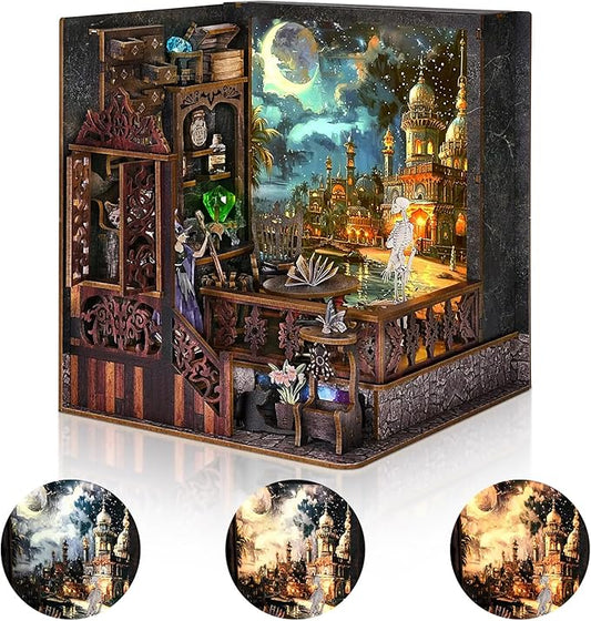 Foyucool DIY Book Nook Kit, Miniature Bookshelf Decor with LED Lights, Laser-Cut Wooden Craft Set for Adults, Creative Gift for Christmas, Birthday, Magic Exploration