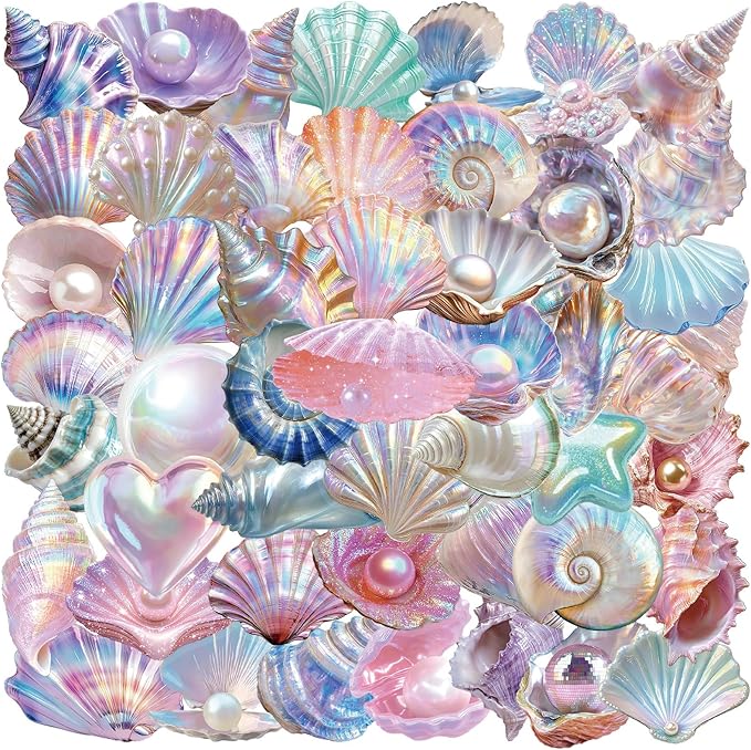 50pcs Fantasy Seashell Stickers Pack – Clear Ocean Shell Pearl Scrapbook Stickers for Journaling, Planner, Laptop, Water Bottle Decoration