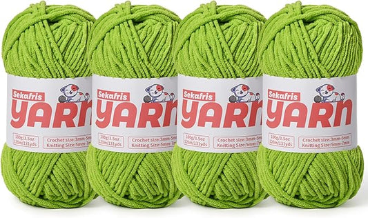 4 Pack Plush Chunky Chenille Yarn for Crocheting, Soft Fluffy Velvet Yarn for Crocheting Amigurumi, Fuzzy Baby Blanket Knitting 400g/524yds Bulky(4 Lime Green)