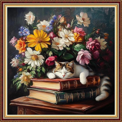 Funart Stamped Cross Stitch Kits for Beginners Full Range of Cross Stitching Preprinted Embroidery Kits for Adults, 11CT Embroidery Pattern Needlepoint Kits-Flower Cat 18x18 inch
