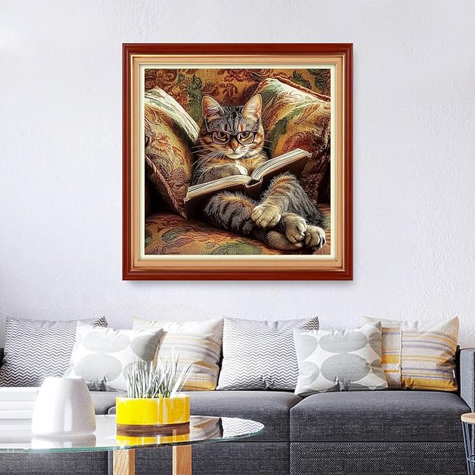 Foxhool Stamped Cross Stitch Kits,11CT Printed Cross Stitch Pattern Full Embroidery Kits for Beginner Needlepoint Kits&Cat Reading 18x18 inch