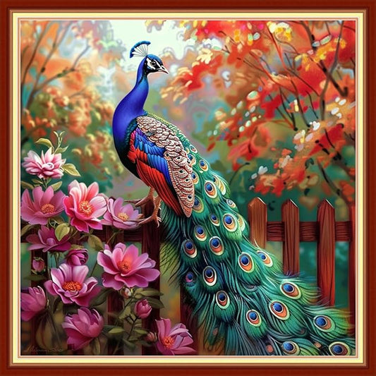 Joyhoor Stamped Cross Stitch Kits for Beginners, Needlepoint Kits for Adults, 11CT Counted Embroidery Kits-Peacock Flowers 18x18 inchs