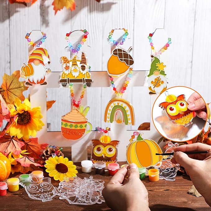 WinnerWhy 30 Sets Thanksgiving Day Fall Suncatchers Window Art Kits, Autumn Leaf Pumpkin Acorn DIY Sun Catchers Crafts Bulk Window Paint Art Ornaments for Classroom Home Party Activity (Autumn Style)