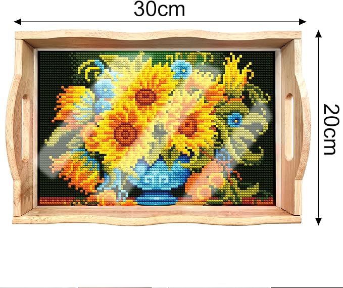 FGbaby DIY 5D Sunflower Diamond Painting Wood Serving Tray with Handles Diamond Art Decorative Serving Trays Wooden Tray for Breakfast in Bed, Patio, BBQ, Coffee Table, Party – Great for Lap & Couch
