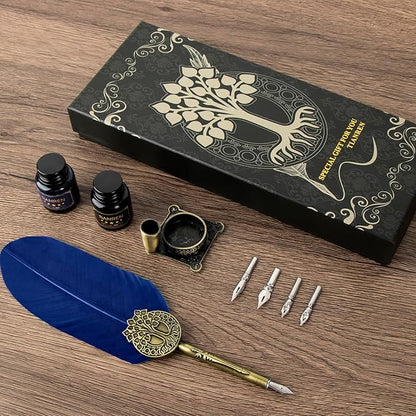 TIANREN Quill pen ink set,Feather Pen and Ink Set,Antique Calligraphy Pen with 4 Replaceable Nibs,2 Bottle of ink,Feather Dip Pen Holder Christmas Gift for Men&Women.(Blue)