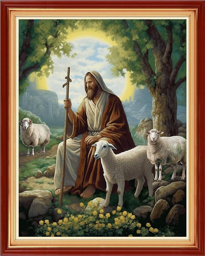Foxhool Stamped Cross Stitch Kits,11CT Printed Cross Stitch Pattern Full Embroidery Kits for Beginner Needlepoint Kits-Jesus Shepherd 16x20 inchs