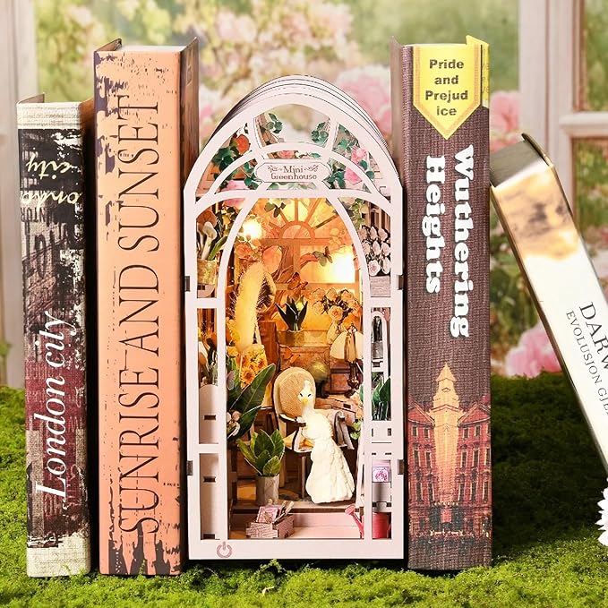 Foyucool DIY Book Nook Kit, Miniature Bookshelf Decor with LED Lights, Laser-Cut Wooden Craft Set for Adults, Creative Gift for Christmas, Birthday, Greenhouse Flower Room