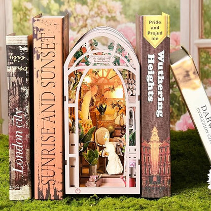 Foyucool DIY Book Nook Kit, Miniature Bookshelf Decor with LED Lights, Laser-Cut Wooden Craft Set for Adults, Creative Gift for Christmas, Birthday, Greenhouse Flower Room
