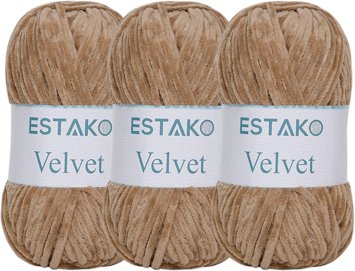 Estako Velvet (3- Skeins Pack) Chenille Blanket amigurumi Yarn for Crocheting and Knitting Super Bulky 3x100 gr (3x132 yds) (1430 - Camel)