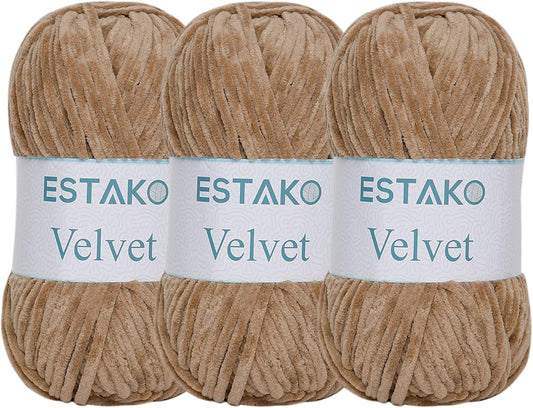 Estako Velvet (3- Skeins Pack) Chenille Blanket amigurumi Yarn for Crocheting and Knitting Super Bulky 3x100 gr (3x132 yds) (1430 - Camel)