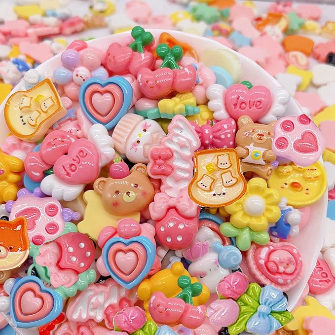 60 Pcs Slime Charms Bulk DIY Craft Making Kit, Cute Flat Back Mixed Resin Charms for Crafts (Multicolored)