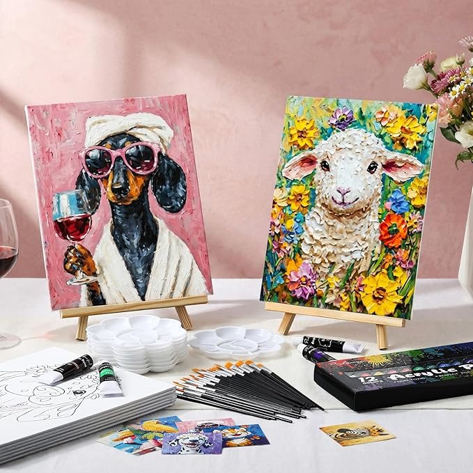 Cholemy 36 Pcs Valentine Paint and Sip Kit for Adults 8''x10'' Pre Drawn Canvas for Painting DIY Afro Acrylic Painting Kit Wood Easel Brushes Date Night Bulk for Party Gifts(Flower Animals A)