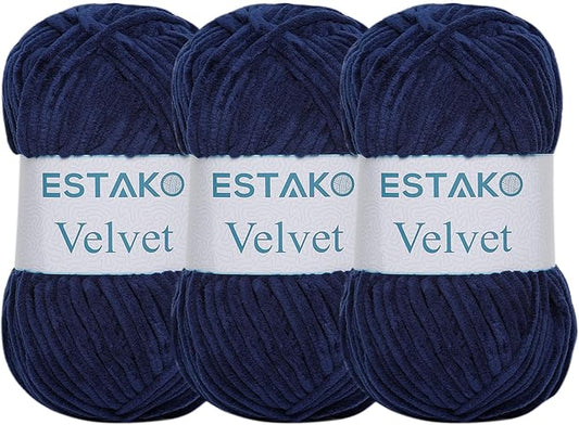 Estako Velvet (3- Skeins Pack) Chenille Blanket amigurumi Yarn for Crocheting and Knitting Super Bulky 3x100 gr (3x132 yds) (1210 - Navy Blue)