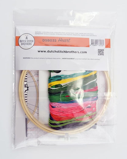 DUTCH STITCH BROTHERS Heart Embroidery Starter Kit with Pattern and Instructions. Stamped Embroidery Kits with Embroidery Clothes with Pattern. 6" Embroidery Hoop