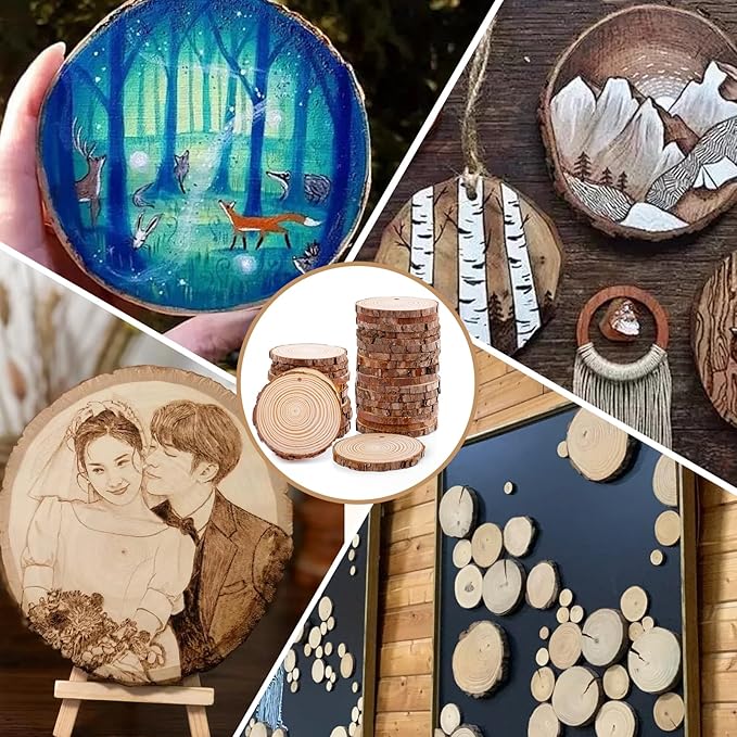 36 Pack Nature Wood Slices for Crafts,3.1-3.5In Unfinished Natural Wood Rounds.Wood Circles Predrilled with Hole and 20m Rope for Wooden Craft Supplies,Painting,Wooden Ornaments,DIY Gifts
