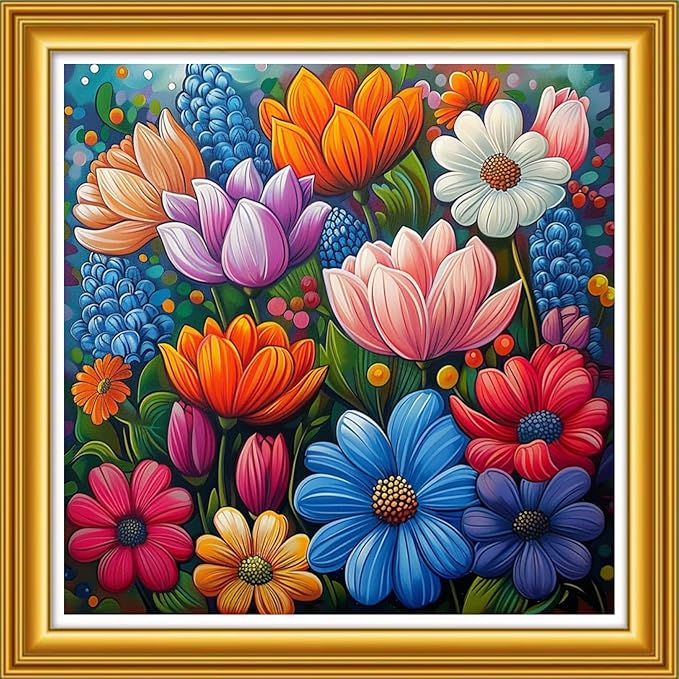 Foxhool Stamped Cross Stitch Kits,11CT Printed Cross Stitch Pattern Full Embroidery Kits for Beginner Needlepoint Kits&Colorful Flowers 18x18 inch