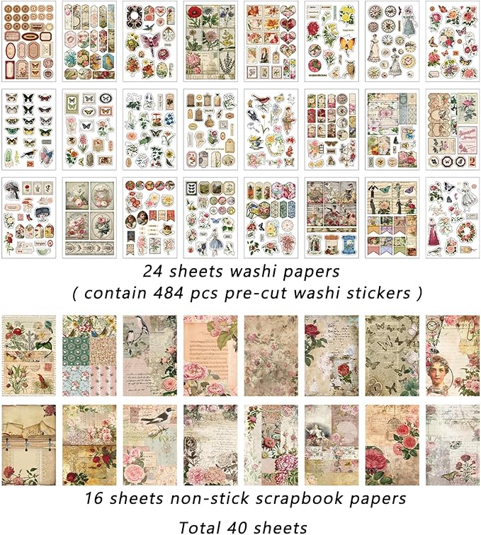 Prstincol Vintage Aesthetic Washi Stickers and Papers for Scrapbooking, 40 Sheets Ephemera Book for Art Journaling with Flower Butterfly Beauty Theme Stickers and Decoupage Papers for Junk Journal