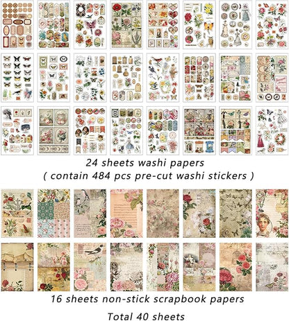 Prstincol Vintage Aesthetic Washi Stickers and Papers for Scrapbooking, 40 Sheets Ephemera Book for Art Journaling with Flower Butterfly Beauty Theme Stickers and Decoupage Papers for Junk Journal