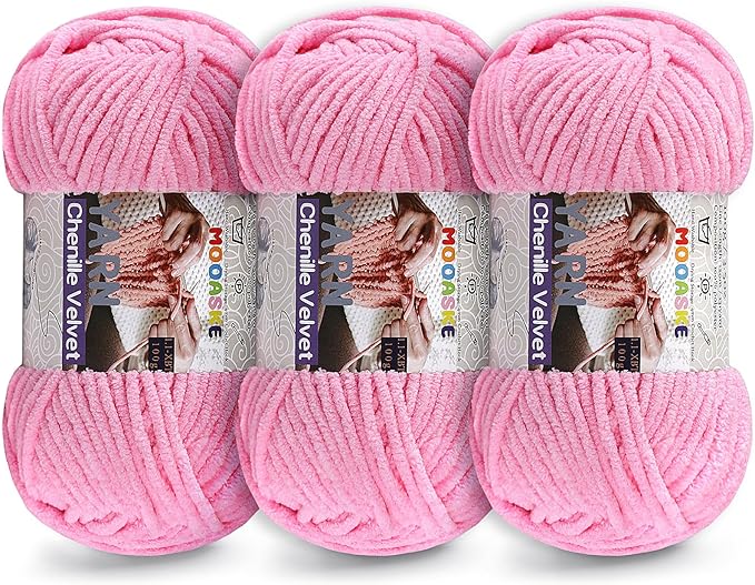 3 * 100g Chunky Yarn for Crocheting and Knitting - Easy to Use Plush Chenille Super Bulky Yarn 393yds - Ultra Soft Velvet Baby Blanket Yarn for Beginners & Amigurumi Projects, Deep Pink