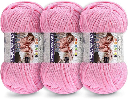 3 * 100g Chunky Yarn for Crocheting and Knitting - Easy to Use Plush Chenille Super Bulky Yarn 393yds - Ultra Soft Velvet Baby Blanket Yarn for Beginners & Amigurumi Projects, Deep Pink