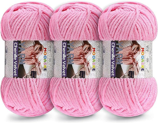3 * 100g Chunky Yarn for Crocheting and Knitting - Easy to Use Plush Chenille Super Bulky Yarn 393yds - Ultra Soft Velvet Baby Blanket Yarn for Beginners & Amigurumi Projects, Deep Pink