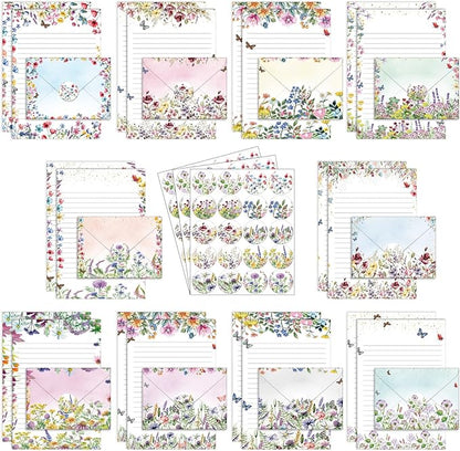TaoBary 160 Pcs Stationery Paper Set 50 Double Sided Stationery Papers with 50 Matching Envelopes and 60 Round Dot Sticker, 10 Design(Wildflower,8.5 x 11 Inch)