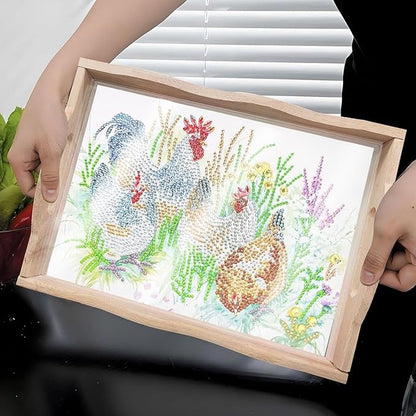 DIY Diamond Art Wooden Tray Kit, Food Tray with Handle Diamond Painted Table Decoration Tray, for Breakfast, Bar Dinner Table Diamond Dots Gem Painting Art Set for Beginners-#25-Chicken