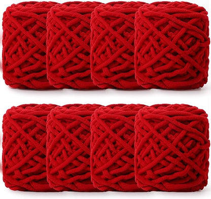 Buryeah 8 Pack Chunky Chenille Yarn for Crocheting Soft Thick Fluffy Yarn for Hand Knitting Bulky Velvet Blanket Plush for Weaving DIY Crafts Each 3.5 oz 55 Yards (Red)