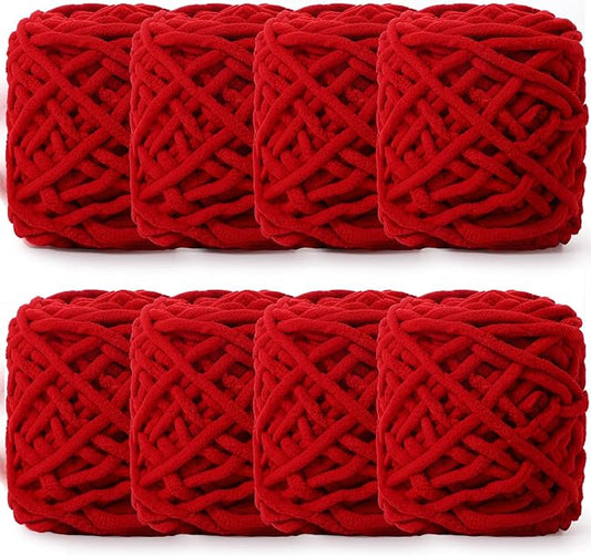 Buryeah 8 Pack Chunky Chenille Yarn for Crocheting Soft Thick Fluffy Yarn for Hand Knitting Bulky Velvet Blanket Plush for Weaving DIY Crafts Each 3.5 oz 55 Yards (Red)