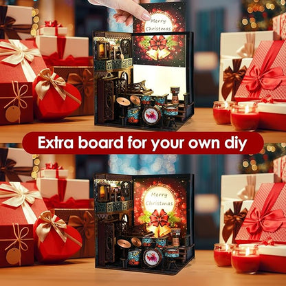 Foyucool DIY Book Nook Kit, Miniature Bookshelf Decor with LED Lights, Laser-Cut Wooden Craft Set for Adults, Creative Gift for Christmas, Birthday, Music House