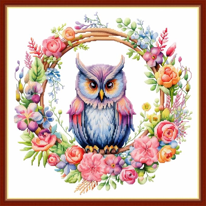 Findvoor Stamped Cross Stitch Kits for Beginners Full Range of Cross Stitching Embroidery Pattern for Adults, 11CT DIY Needlepoint Embroidery Starter Kits-Owl Wreath 17.7x17.7 inch