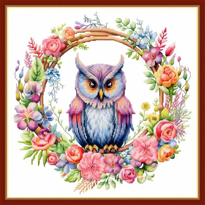 Findvoor Stamped Cross Stitch Kits for Beginners Full Range of Cross Stitching Embroidery Pattern for Adults, 11CT DIY Needlepoint Embroidery Starter Kits-Owl Wreath 17.7x17.7 inch