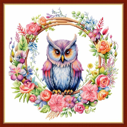 Findvoor Stamped Cross Stitch Kits for Beginners Full Range of Cross Stitching Embroidery Pattern for Adults, 11CT DIY Needlepoint Embroidery Starter Kits-Owl Wreath 17.7x17.7 inch