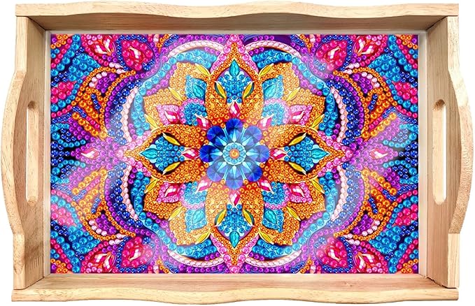Generic DIY Art Painting Wooden Tray Kit, Food Tray with Handle Diamond Painted Table Decoration Tray, for Breakfast, Bar Dinner Table Diamond Dots Gem Painting Art Set for Beginners (#02-Mandala)