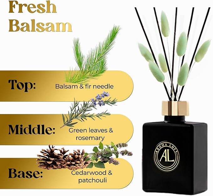 Reed Diffuser - Fragrance Diffuser for Home - 5 oz. Oil Diffuser Sticks - Bathroom Diffuser Set- Oil Diffuser Reeds - Scent Sticks in Oil-Office Smell Good Stuff (Black, Fresh Balsam)