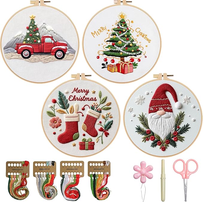 TPZBWG Christmas Embroidery Kit, 4 Pack Cross Stitch Kits,DIY Embroidery Starter Kit for Adults & Beginners, DIY Needlepoint Kit with Embroidery Hoop Thread Needle for Craft Lover Birthday Gifts 1