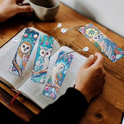 4-Piece DIY 5D Diamond Painting Bookmark Kits, Owl Special Shaped Crystal Rhinestones Book Marks, Handmade Diamond Art Bookmarks with Crystal Pendant Tassels, Decorative Craft Gift Set for Adults