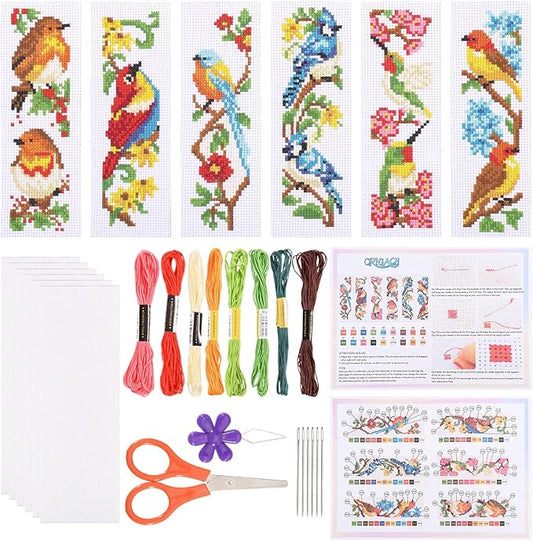 ORIGACH 6 Set Birds Cross Stitch Bookmark Kit for Beginner with Backing Felt Floss Instructions DIY Stamped Embroidery Bookmark Kit for Adults, Book Lovers