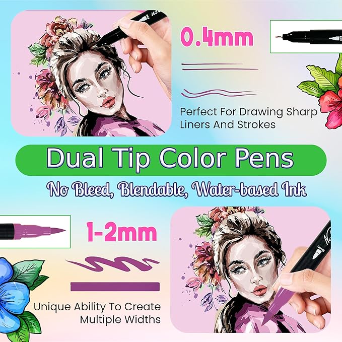 NextG Ideaz Dual Tip Brush Art Marker Pens, 80 Unique Bright Color, Water-Based Ink, Fineliner & Brush Tip Pens for Arts Lovers Coloring Drawing Book, Calligraphy Writing, Sketching and Doodling