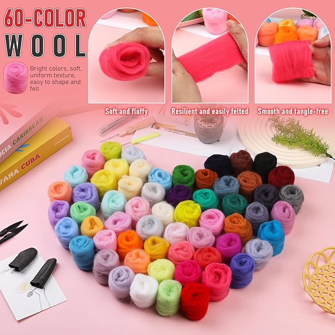 JUPEAN Needle Felting Kits, 60 Colors Wool Roving, Wool Felting Kit with Felting Needles, Foam Mat, Needle Felting Supplies