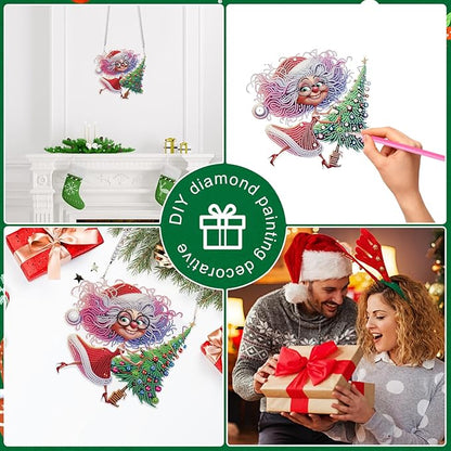 Christmas Diamond Art Pendant Kit, 5D DIY Hanging Diamond Painting for Adults, Santa Claus and Grandma with Christmas Tree, Crystal Ornament for Wall, Window, Door, Home Decor & Gift, 24.1x23.1 cm
