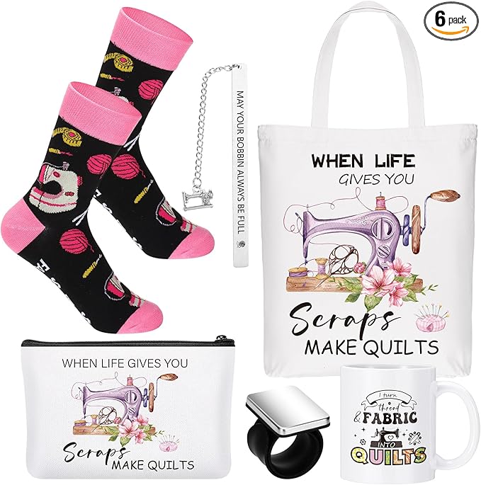 Baderke 6 Pcs Sewing Gifts for Seamstress Include Canvas Bag Cosmetic Bag 11 oz Coffee Mug Bookmark Socks and Pin Cushion for Quilters Sewing Lovers Christmas Gift