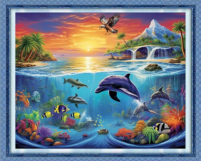 Dimxvean Stamped Cross Stitch Kits,Cross Stitch Kits for Adults Beginners,Embroidery Kits Full Range of Cross Stitch Stamped Kits Needlepoint Kits Cross Stitch Patterns-Ocean World 16x20 inch