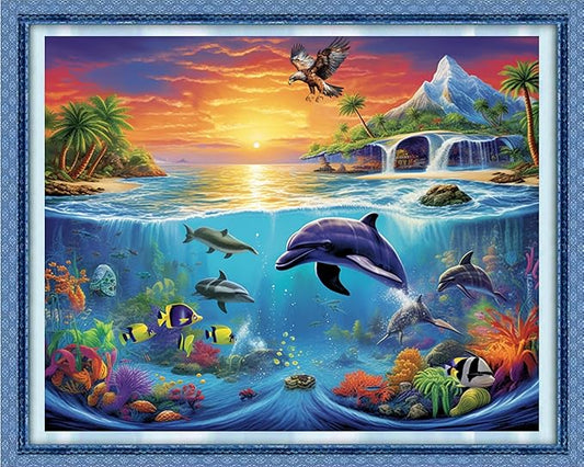 Dimxvean Stamped Cross Stitch Kits,Cross Stitch Kits for Adults Beginners,Embroidery Kits Full Range of Cross Stitch Stamped Kits Needlepoint Kits Cross Stitch Patterns-Ocean World 16x20 inch