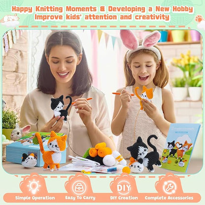 Auspicious beginning Cat Crochet Kit for Beginners-Crochet Kits 4PCS Cats Family Crochet Animals Kits with Step-by-Step Video Tutorials, Crochet Starter Kit Learn to Crochet Kits for Adults