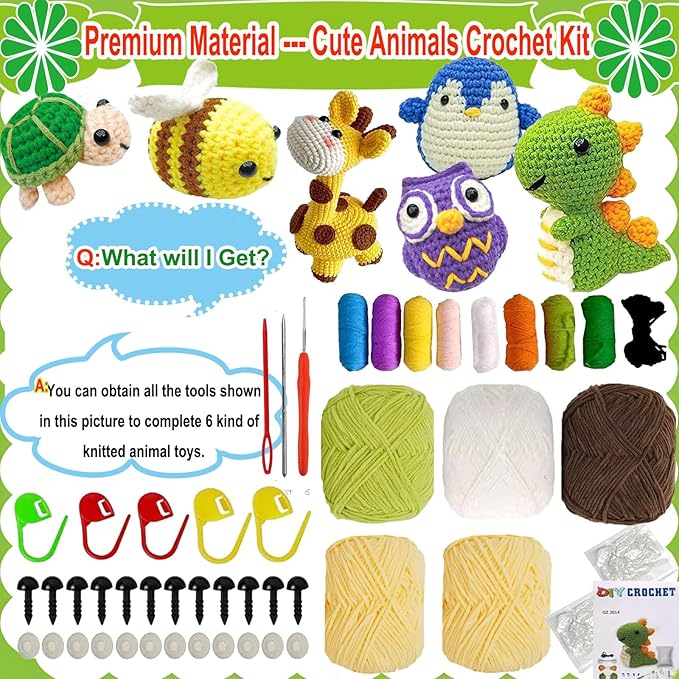 6PCS Crochet Kit for Beginners, Beginners Knitting Kit for Adults, Cute Animals Complete Starter Kit with Step-by-Step Video Tutorials and Instructions, Christmas Gifts for Adults and Friends